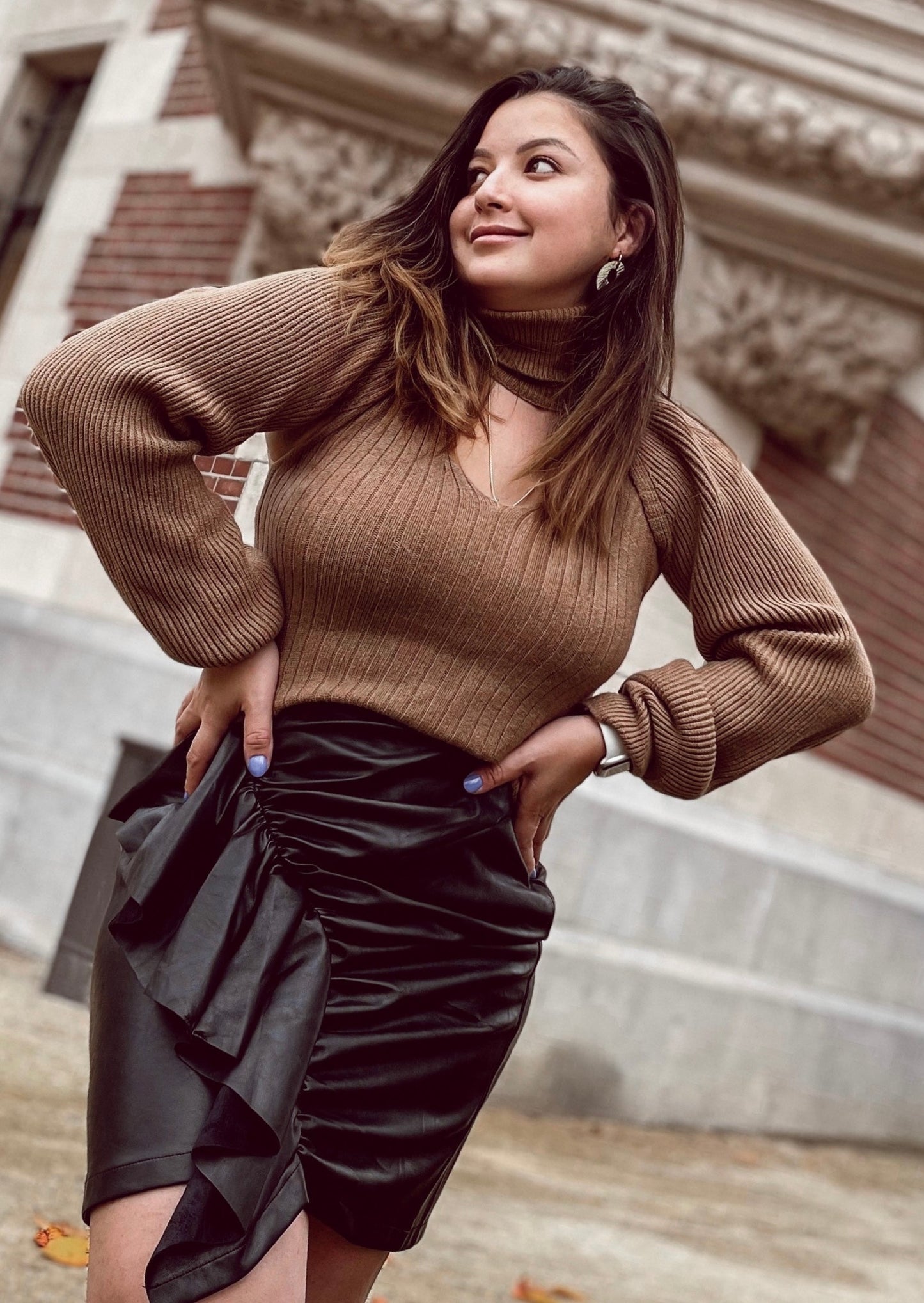 Black PU Uneven Hem Ruffle Skirt