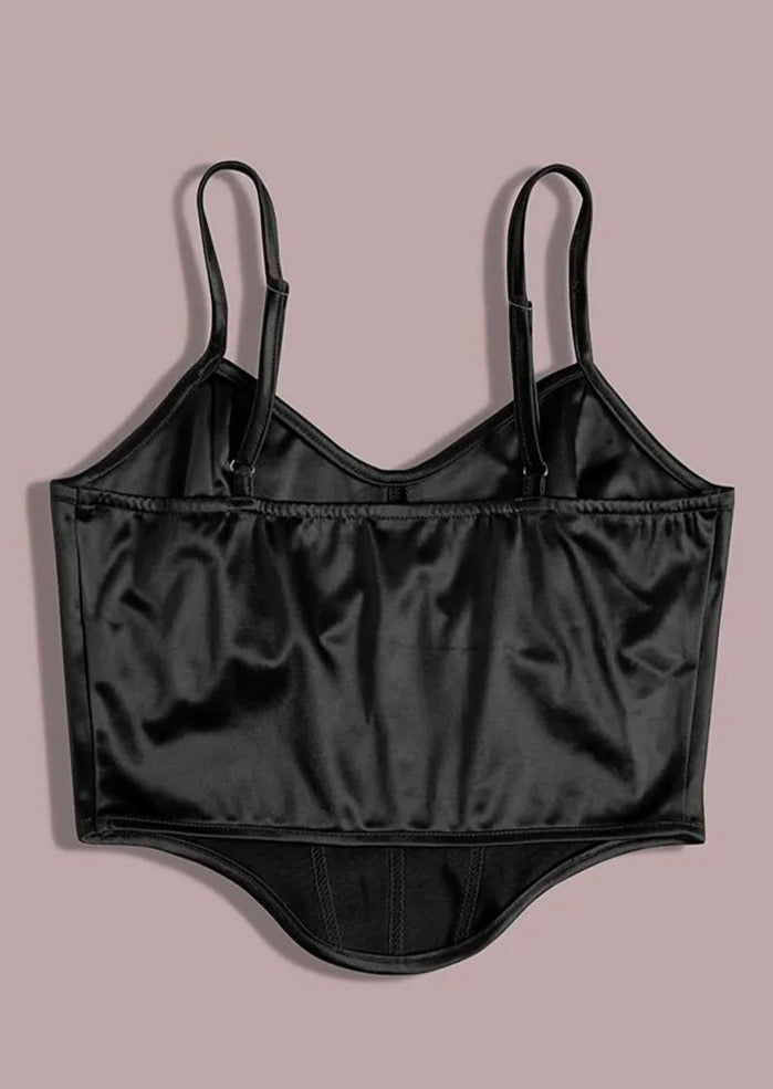 Black curved satin Crop Top
