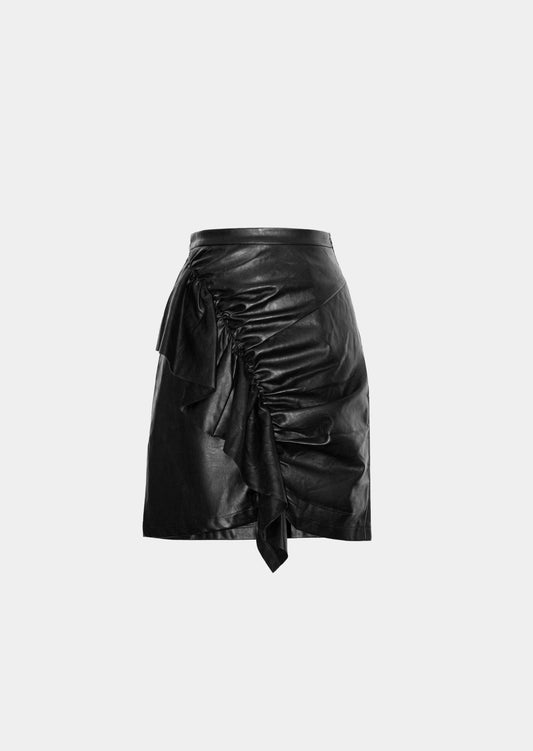 ✭ Black PU Uneven Hem Ruffle Skirt