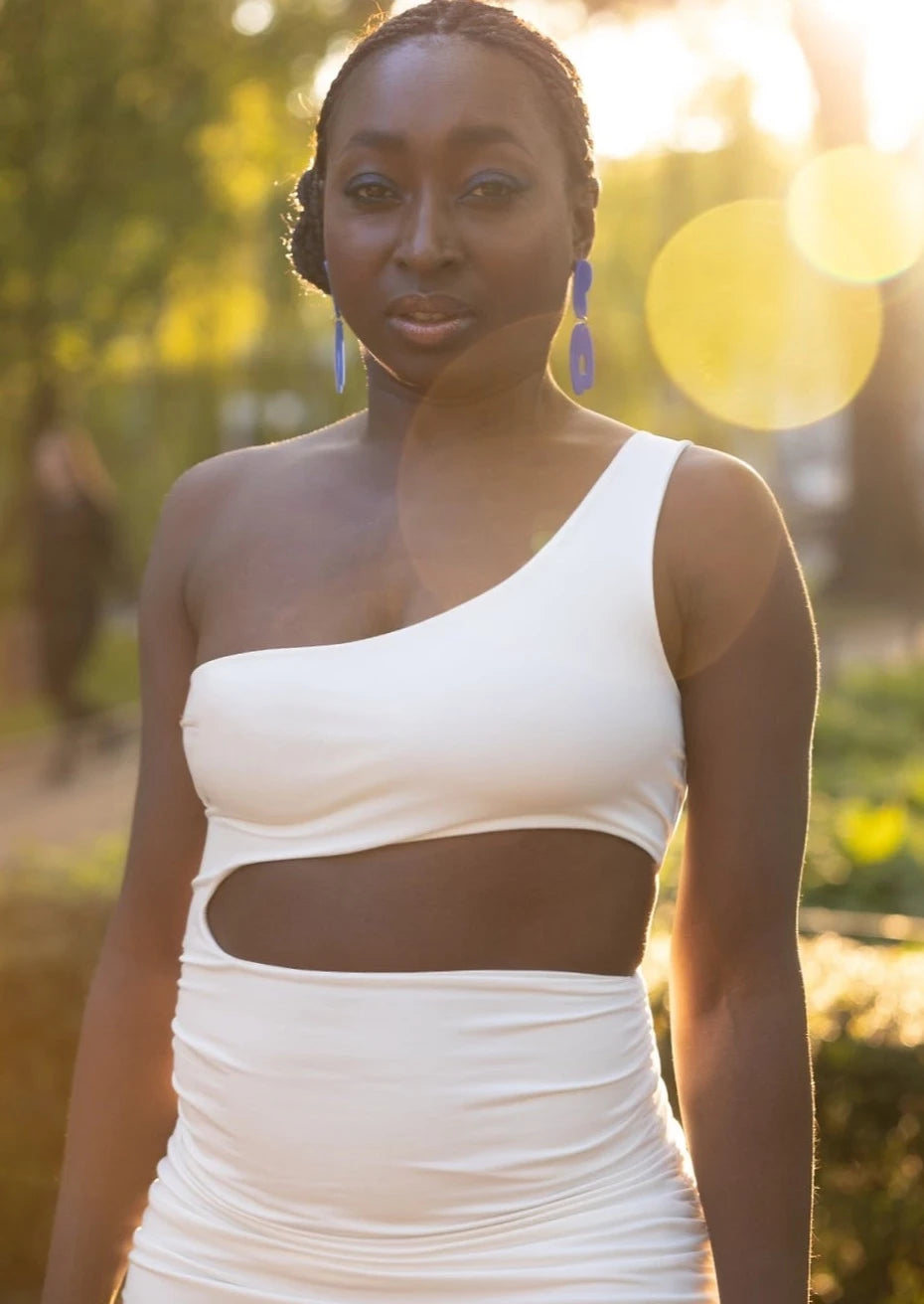 June one shoulder cut out white dress