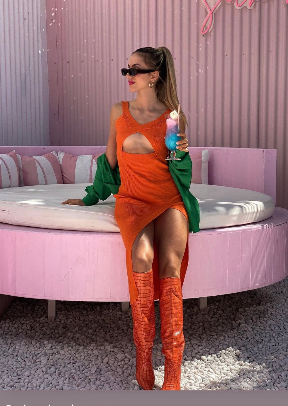 Ribbed Cut Out Front Split Dress