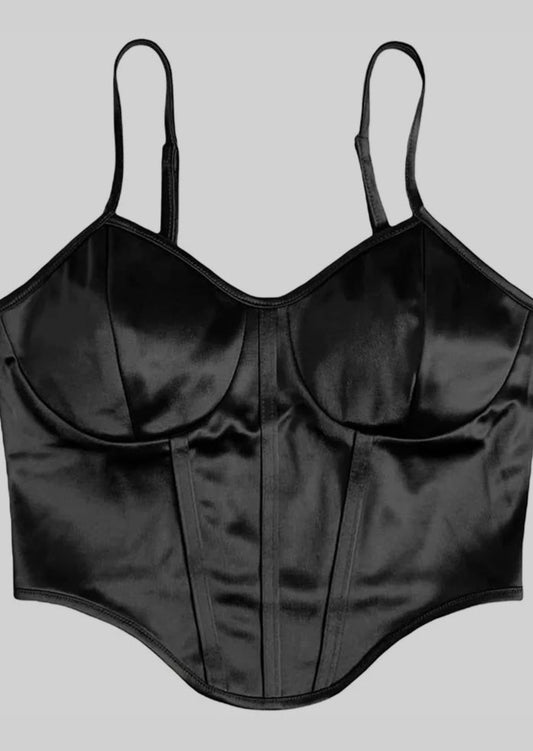 Black curved satin Crop Top