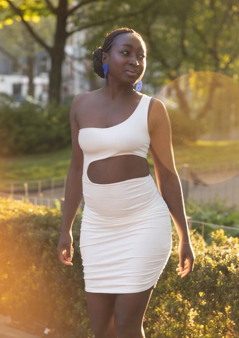 June one shoulder cut out white dress