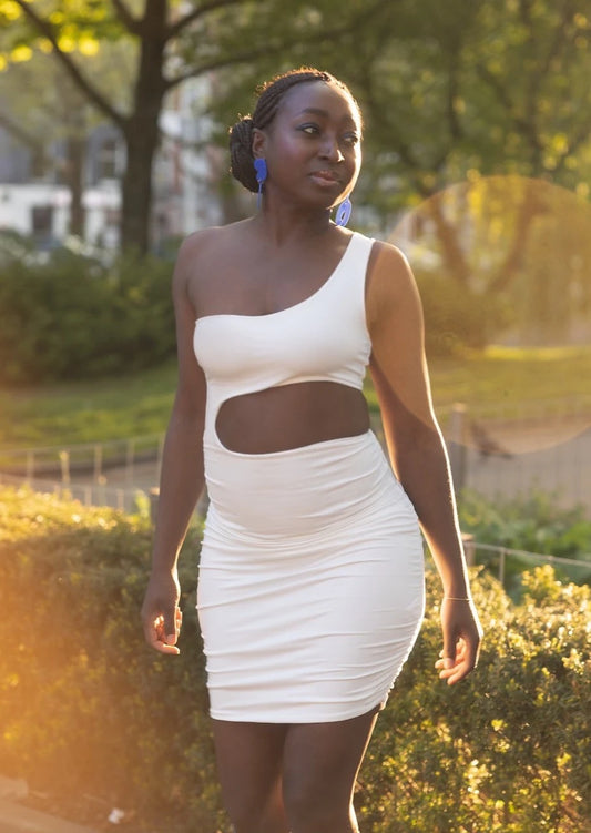 June one shoulder cut out white dress