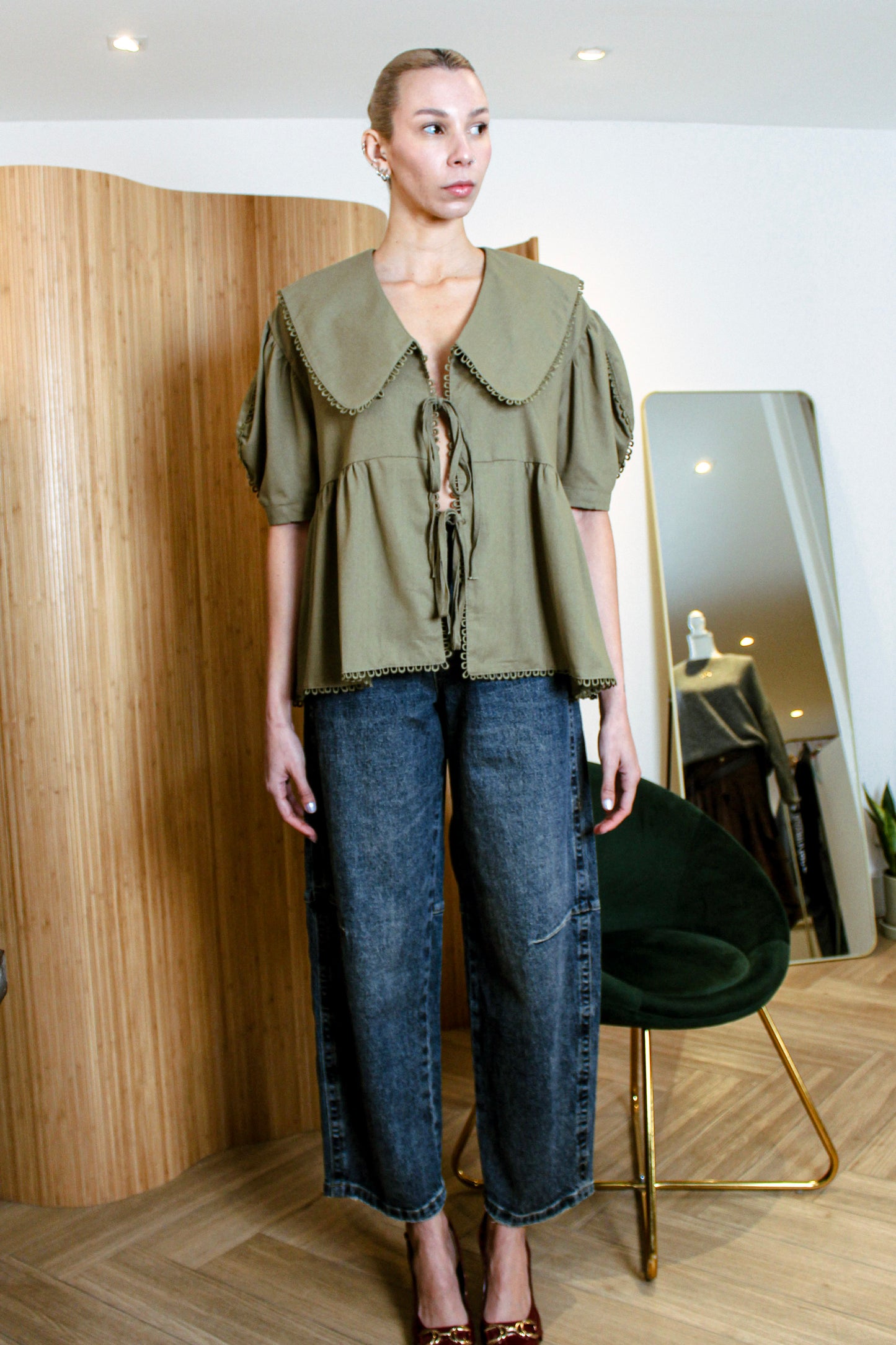 Olive Linen Statement Blouse
