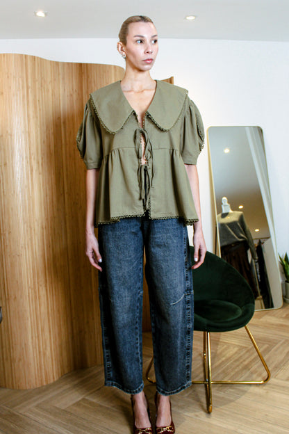 Olive Linen Statement Blouse